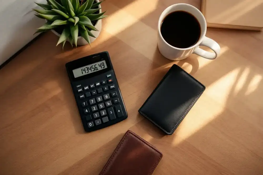 Calculator, wallet and coffee on a wooden desk representing planning for rehab cost